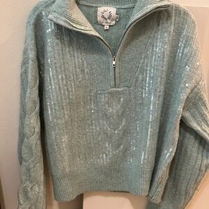 Sundry Mint Sequin Cable Half-Zip Turtleneck Sweater